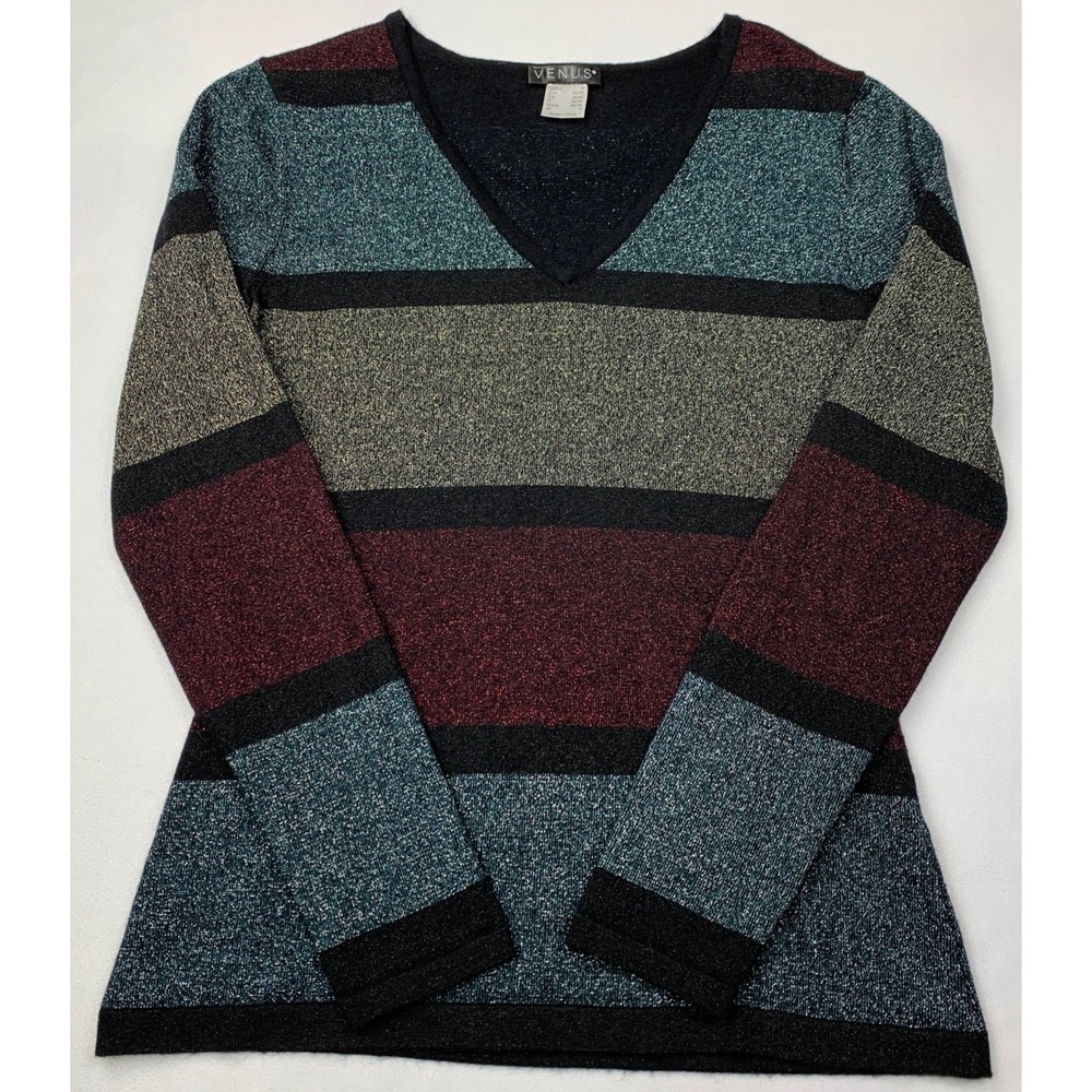 Venus Metallic Sweater Womens S Colorblock Stripe V Neck Shimmer‎ Knit Pullover